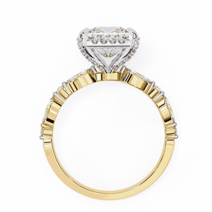 Princess Cut Lab Grown Diamond Hidden Halo Engagement Ring with Marquise Side Stones