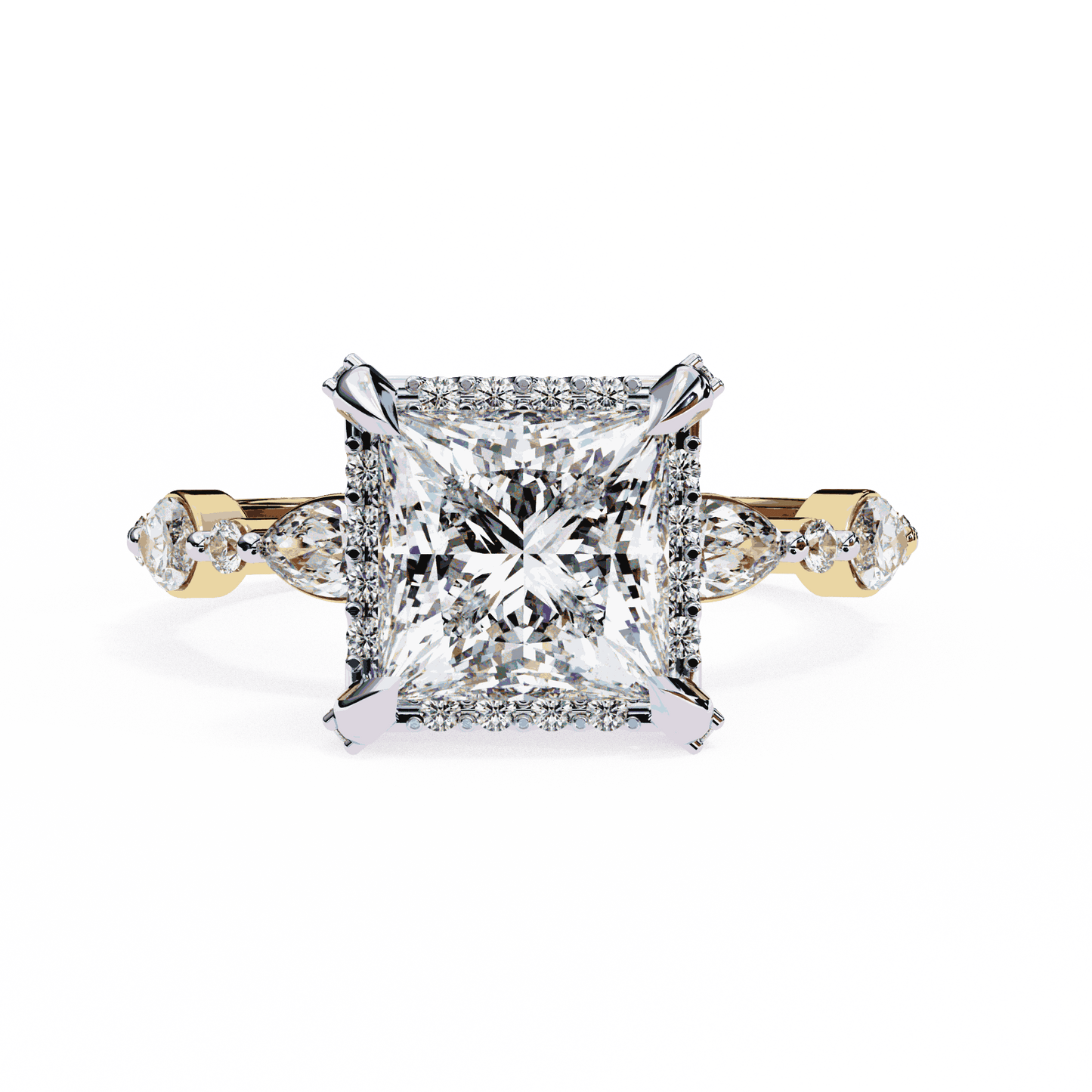 Princess Cut Lab Grown Diamond Hidden Halo Engagement Ring with Marquise Side Stones