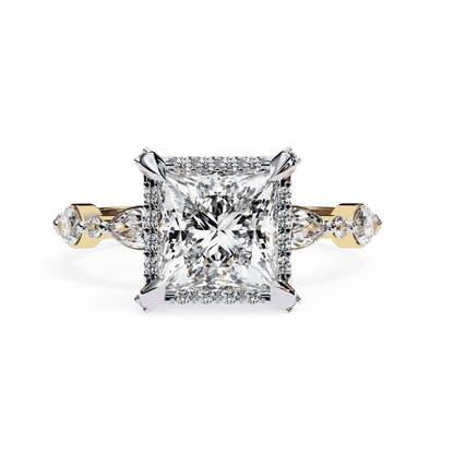 Princess Cut Lab Grown Diamond Hidden Halo Engagement Ring with Marquise Side Stones