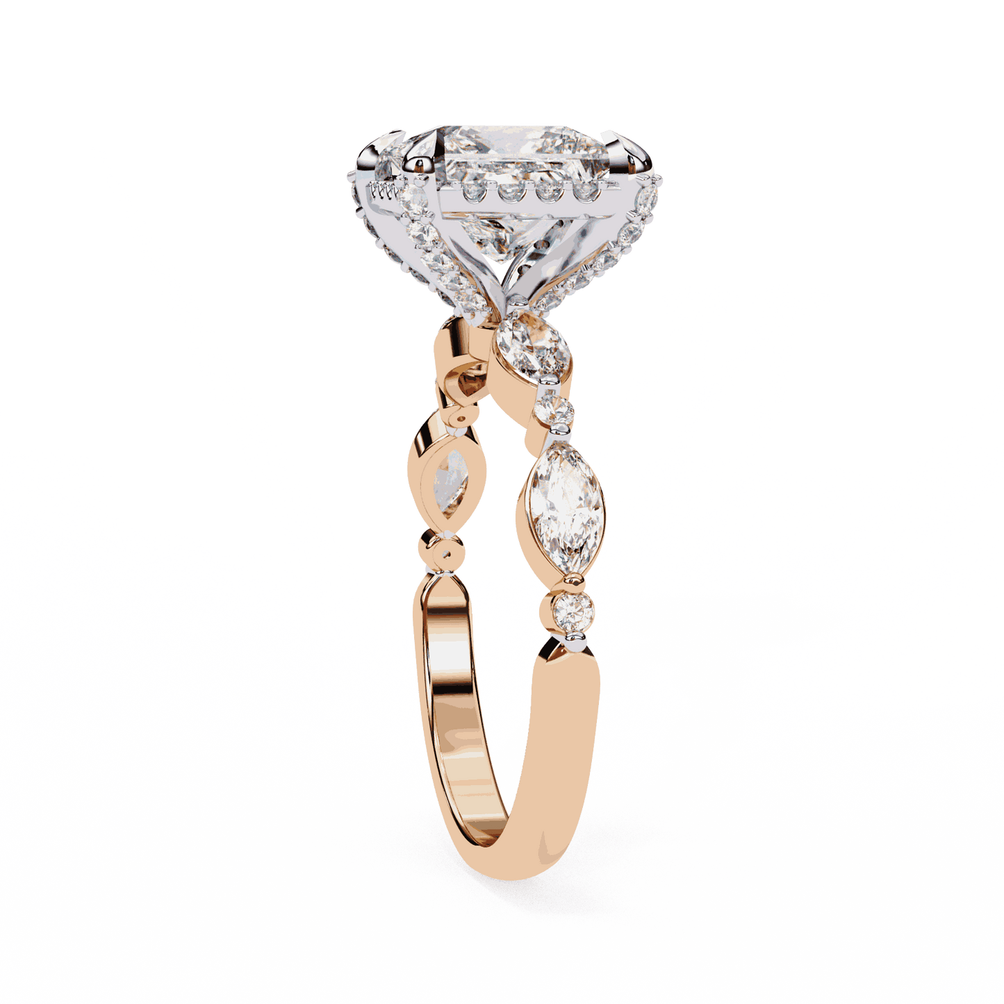 Princess Cut Lab Grown Diamond Hidden Halo Engagement Ring with Marquise Side Stones