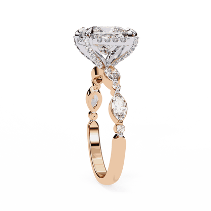 Princess Cut Lab Grown Diamond Hidden Halo Engagement Ring with Marquise Side Stones