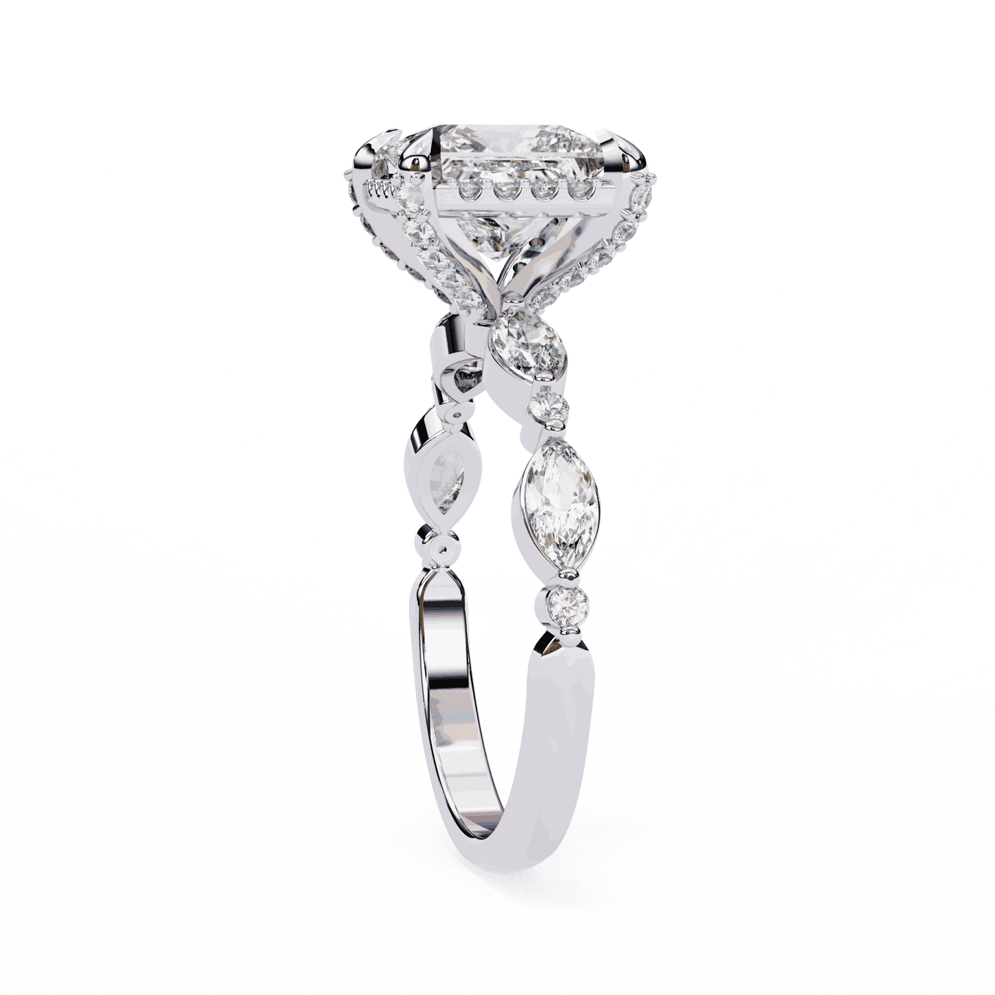 Princess Cut Lab Grown Diamond Hidden Halo Engagement Ring with Marquise Side Stones