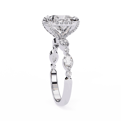 Princess Cut Lab Grown Diamond Hidden Halo Engagement Ring with Marquise Side Stones