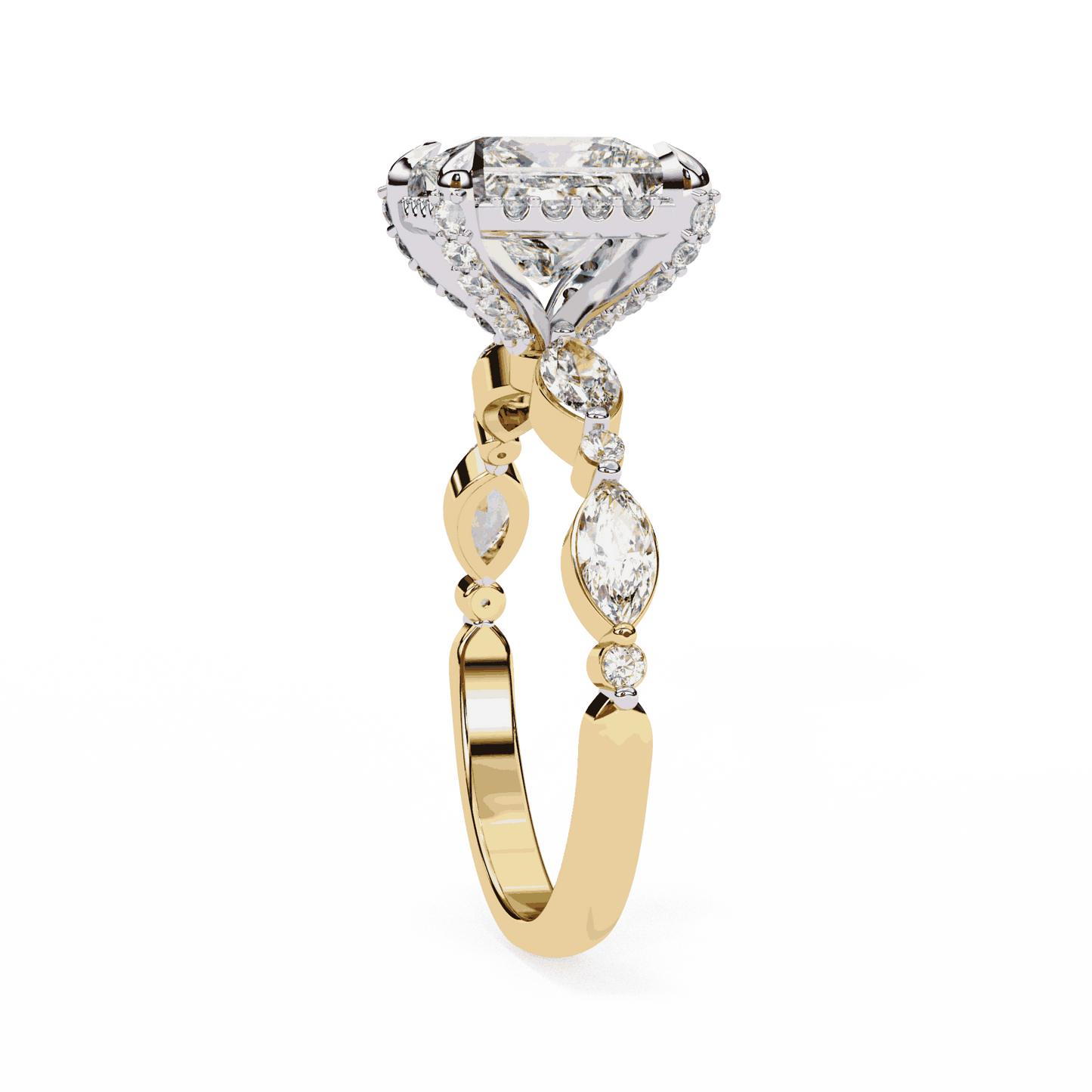Princess Cut Lab Grown Diamond Hidden Halo Engagement Ring with Marquise Side Stones