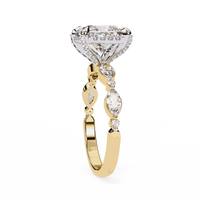 Princess Cut Lab Grown Diamond Hidden Halo Engagement Ring with Marquise Side Stones