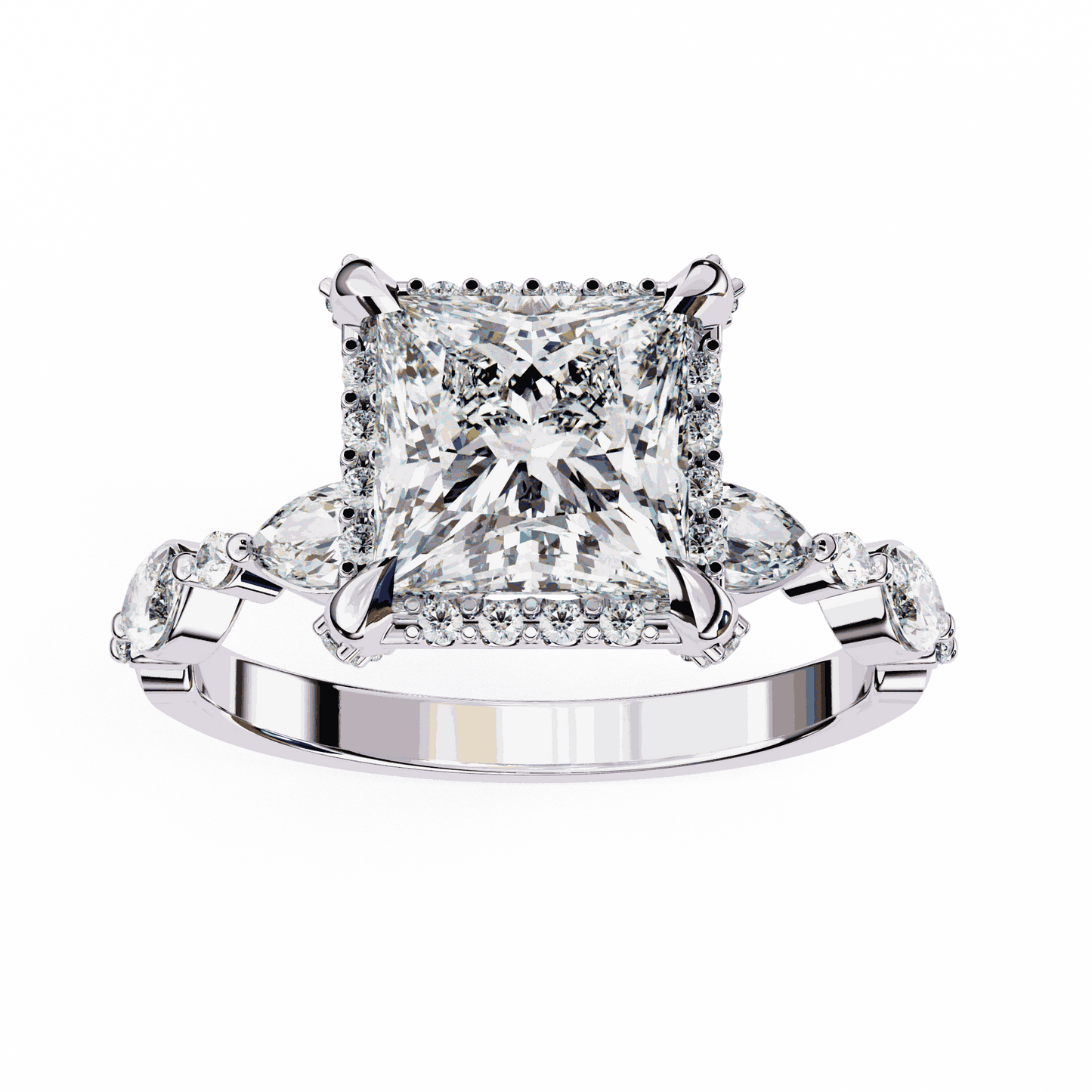 Princess Cut Lab Grown Diamond Hidden Halo Engagement Ring with Marquise Side Stones
