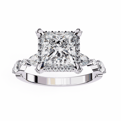 Princess Cut Lab Grown Diamond Hidden Halo Engagement Ring with Marquise Side Stones