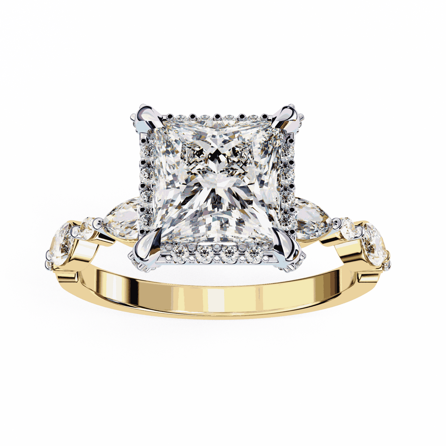 Princess Cut Lab Grown Diamond Hidden Halo Engagement Ring with Marquise Side Stones