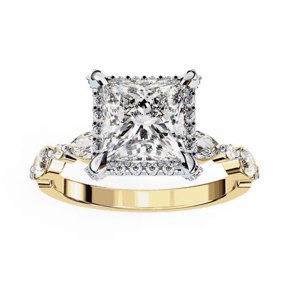 Princess Cut Lab Grown Diamond Hidden Halo Engagement Ring with Marquise Side Stones
