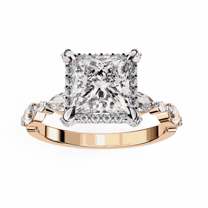 Princess Cut Lab Grown Diamond Hidden Halo Engagement Ring with Marquise Side Stones
