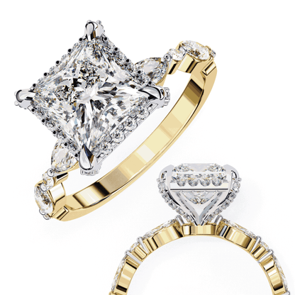 Princess Cut Lab Grown Diamond Hidden Halo Engagement Ring with Marquise Side Stones