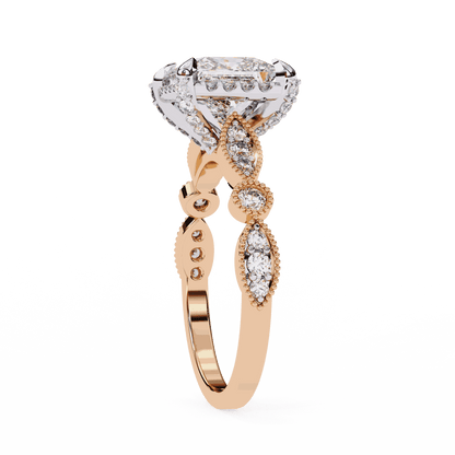 Princess Cut Lab Grown Diamond Hidden Halo Engagement Ring with Vintage Milgrain Band