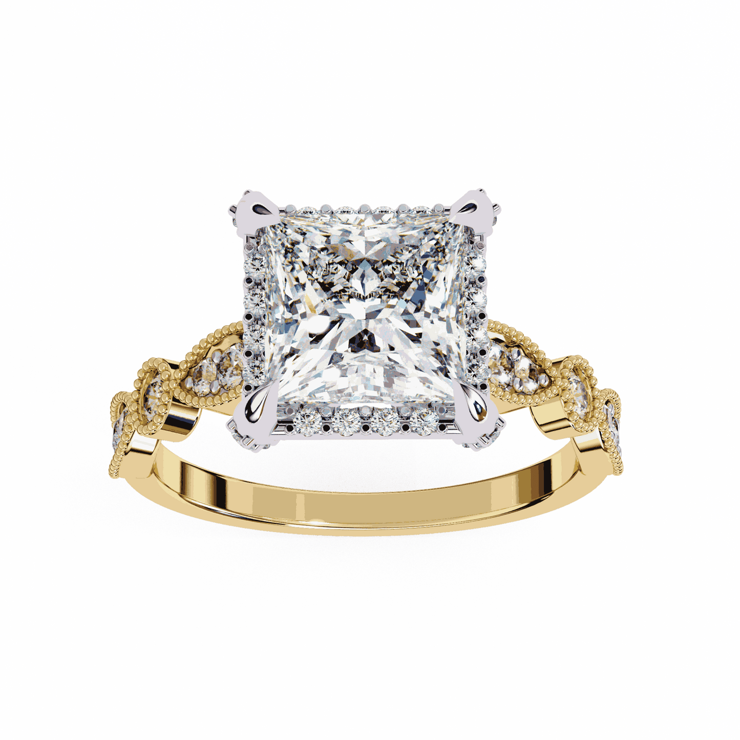Princess Cut Lab Grown Diamond Hidden Halo Engagement Ring with Vintage Milgrain Band
