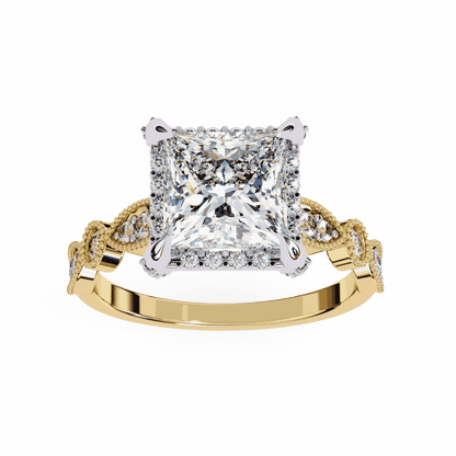 Princess Cut Lab Grown Diamond Hidden Halo Engagement Ring with Vintage Milgrain Band