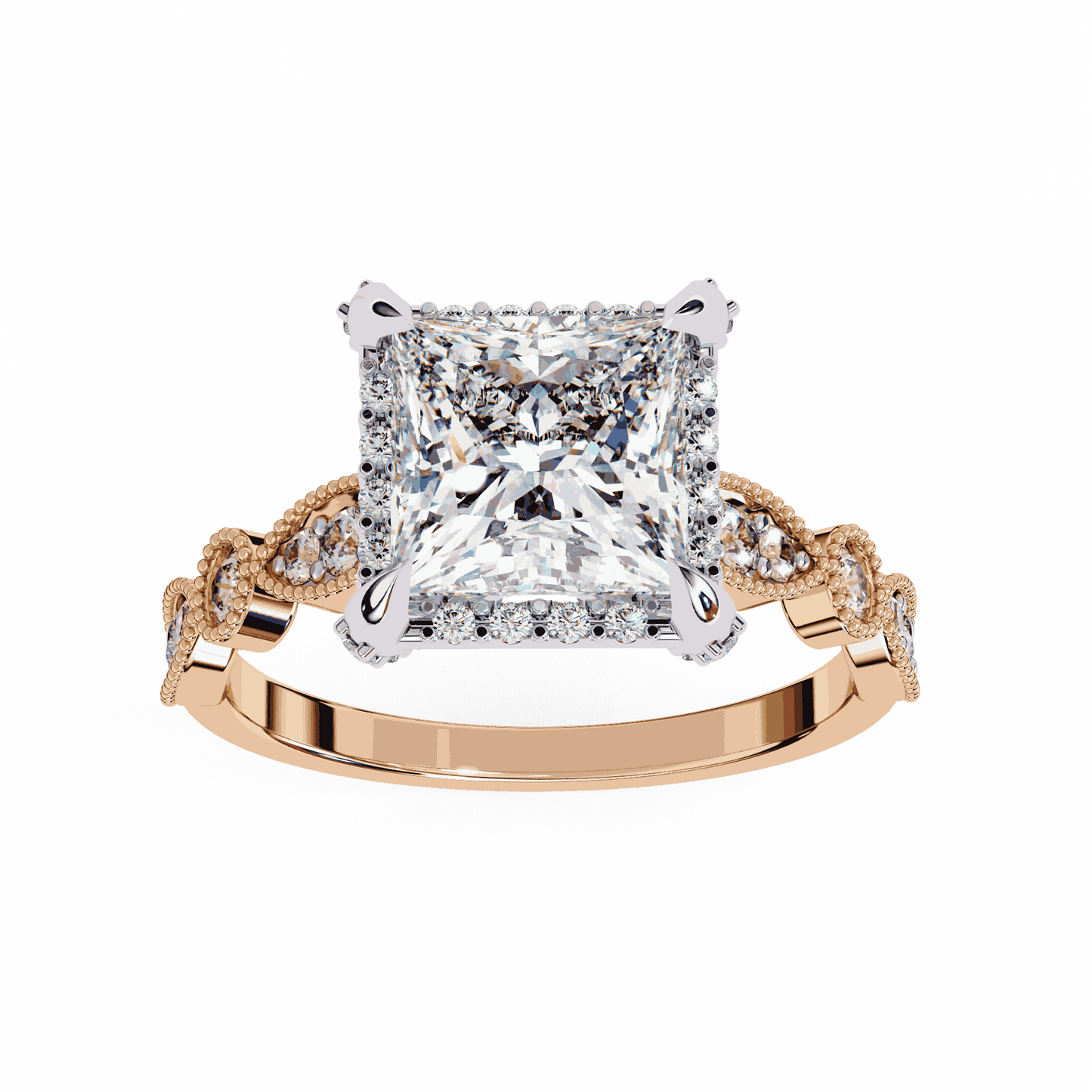 Princess Cut Lab Grown Diamond Hidden Halo Engagement Ring with Vintage Milgrain Band