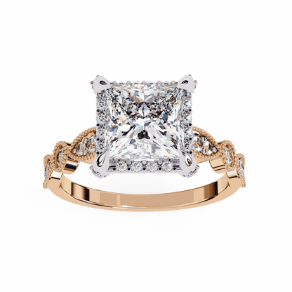 Princess Cut Lab Grown Diamond Hidden Halo Engagement Ring with Vintage Milgrain Band
