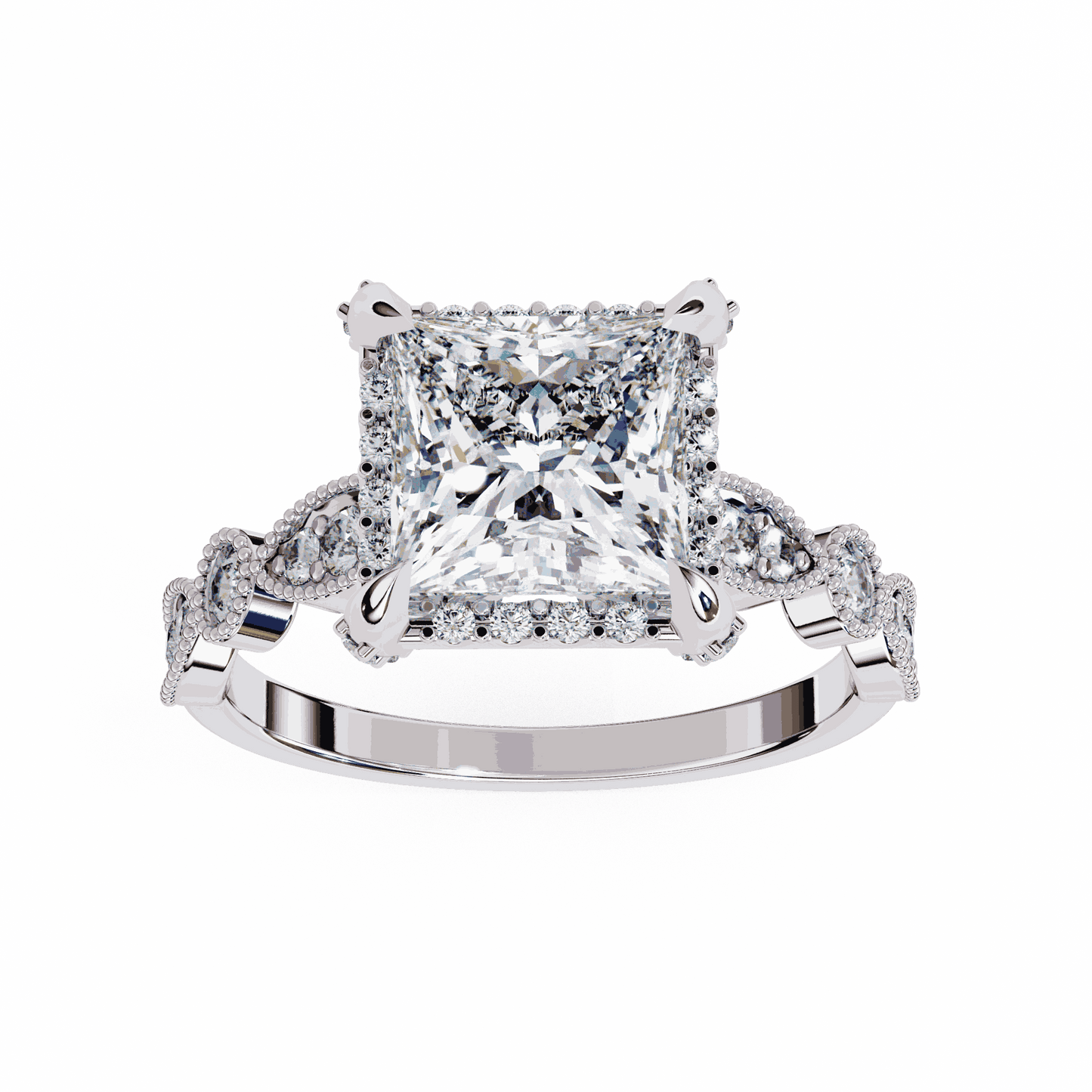 Princess Cut Lab Grown Diamond Hidden Halo Engagement Ring with Vintage Milgrain Band