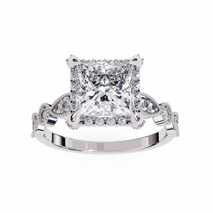 Princess Cut Lab Grown Diamond Hidden Halo Engagement Ring with Vintage Milgrain Band