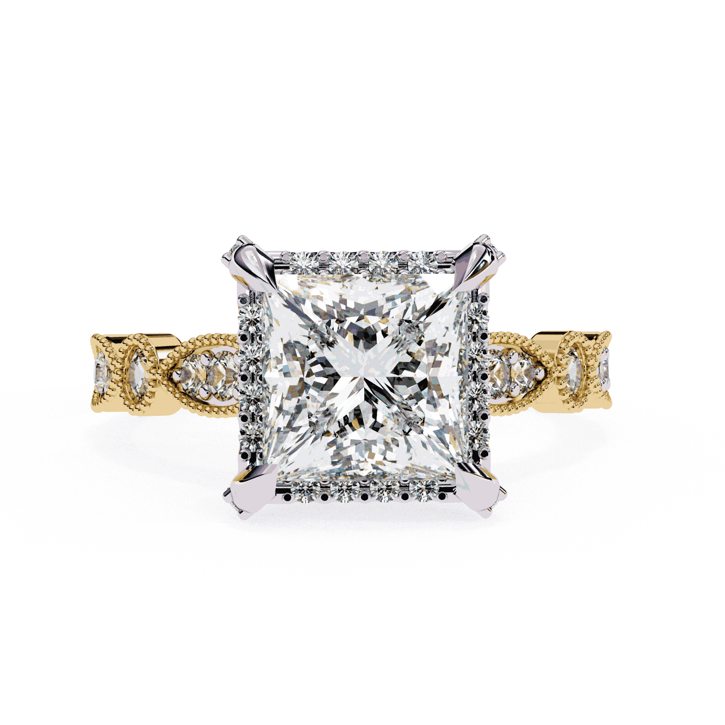Princess Cut Lab Grown Diamond Hidden Halo Engagement Ring with Vintage Milgrain Band