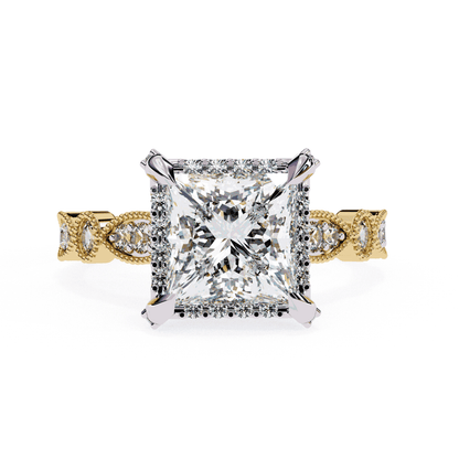 Princess Cut Lab Grown Diamond Hidden Halo Engagement Ring with Vintage Milgrain Band