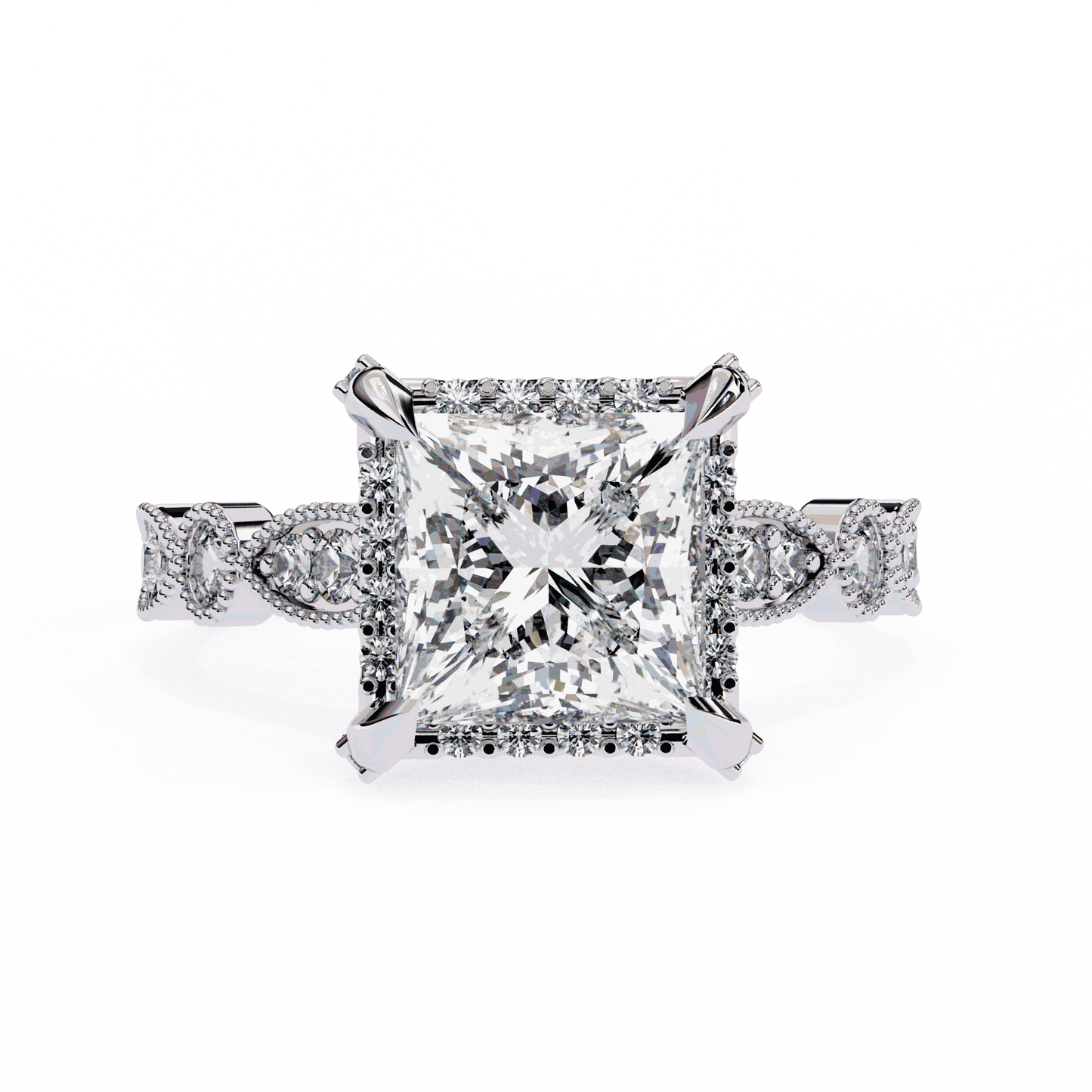 Princess Cut Lab Grown Diamond Hidden Halo Engagement Ring with Vintage Milgrain Band