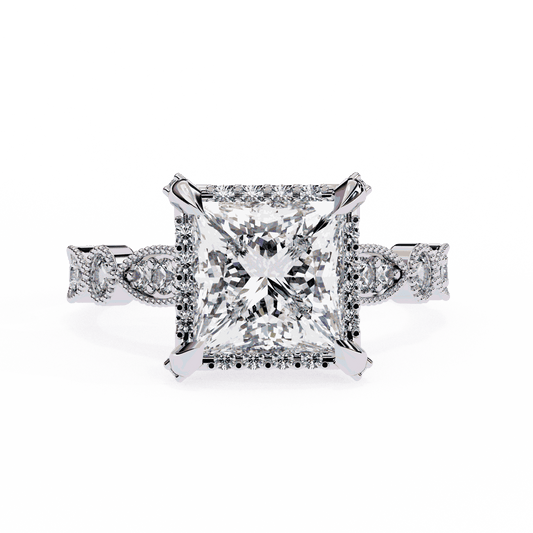 Princess Cut Lab Grown Diamond Hidden Halo Engagement Ring with Vintage Milgrain Band