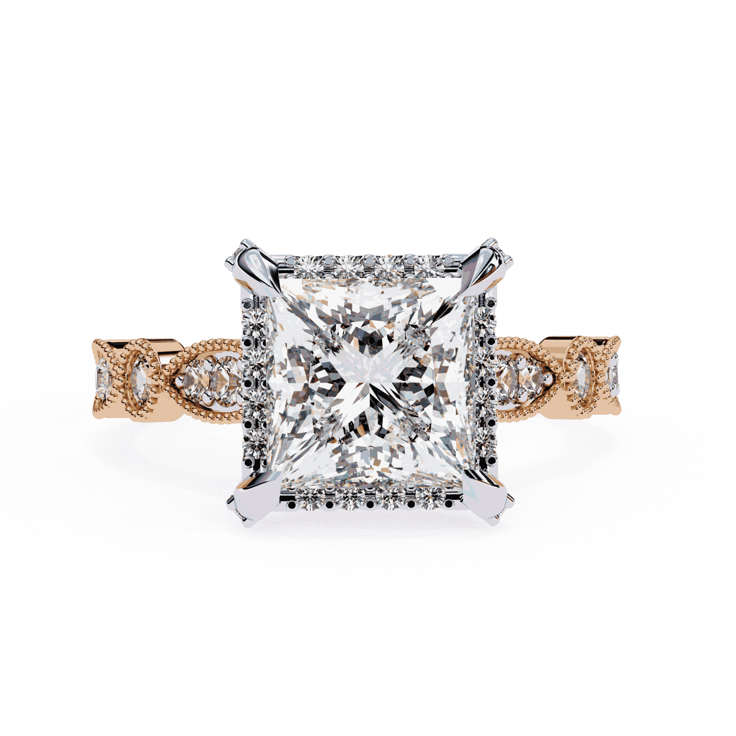 Princess Cut Lab Grown Diamond Hidden Halo Engagement Ring with Vintage Milgrain Band