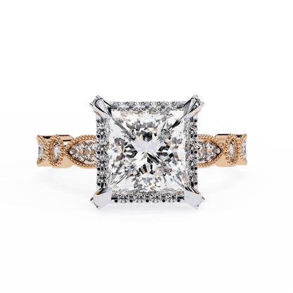 Princess Cut Lab Grown Diamond Hidden Halo Engagement Ring with Vintage Milgrain Band