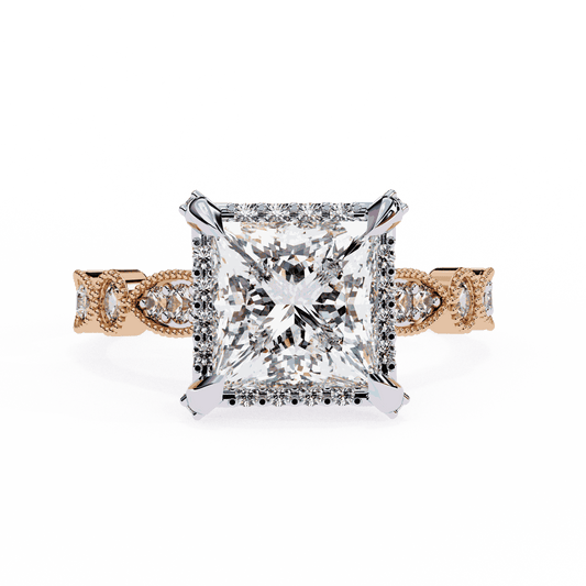 Princess Cut Lab Grown Diamond Hidden Halo Engagement Ring with Vintage Milgrain Band