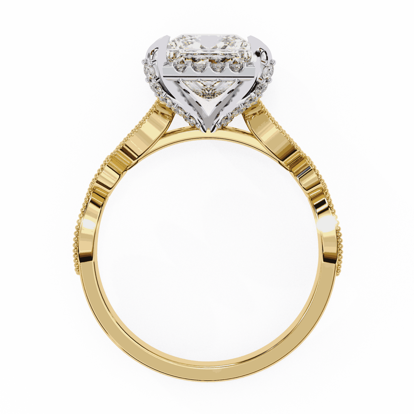 Princess Cut Lab Grown Diamond Hidden Halo Engagement Ring with Vintage Milgrain Band
