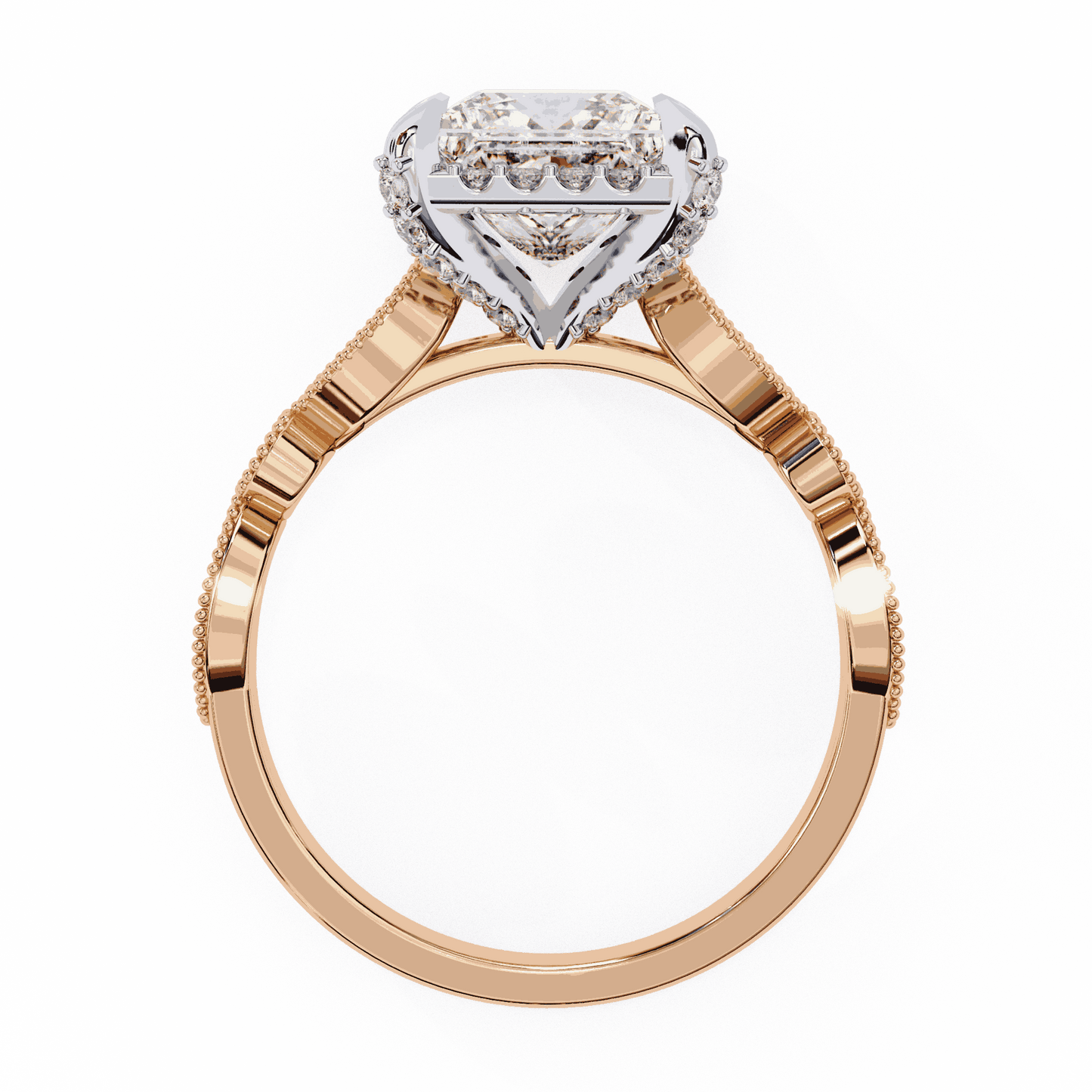 Princess Cut Lab Grown Diamond Hidden Halo Engagement Ring with Vintage Milgrain Band
