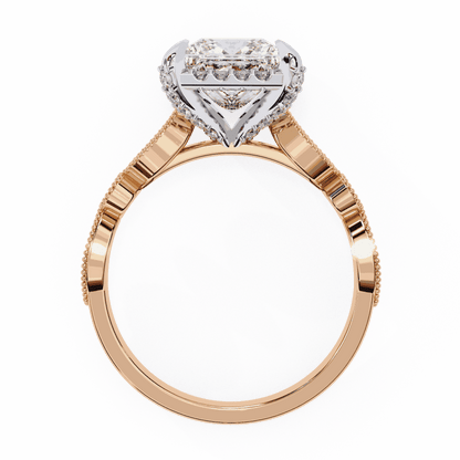Princess Cut Lab Grown Diamond Hidden Halo Engagement Ring with Vintage Milgrain Band