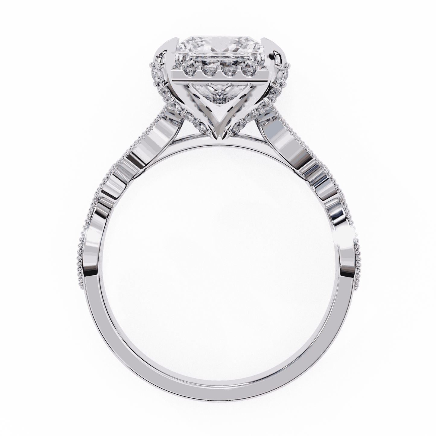Princess Cut Lab Grown Diamond Hidden Halo Engagement Ring with Vintage Milgrain Band
