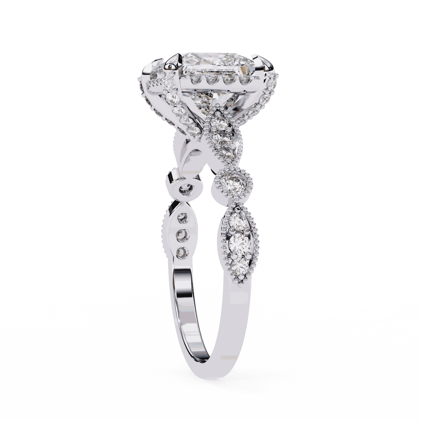 Princess Cut Lab Grown Diamond Hidden Halo Engagement Ring with Vintage Milgrain Band