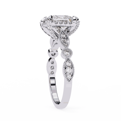 Princess Cut Lab Grown Diamond Hidden Halo Engagement Ring with Vintage Milgrain Band