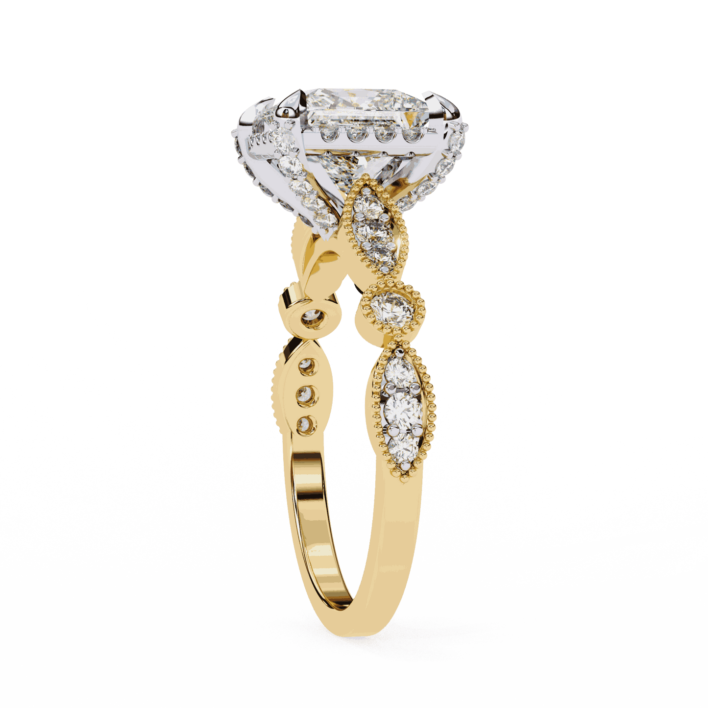 Princess Cut Lab Grown Diamond Hidden Halo Engagement Ring with Vintage Milgrain Band