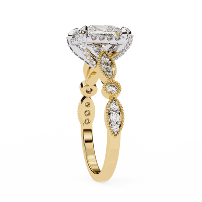 Princess Cut Lab Grown Diamond Hidden Halo Engagement Ring with Vintage Milgrain Band