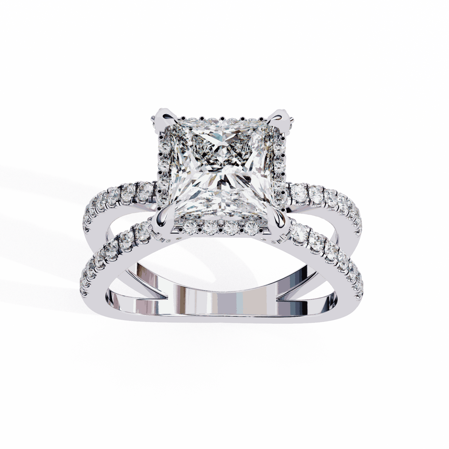 Princess Cut Lab Grown Diamond Hidden Halo Engagement Ring with Crossover Pavé Split Shank