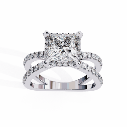Princess Cut Lab Grown Diamond Hidden Halo Engagement Ring with Crossover Pavé Split Shank