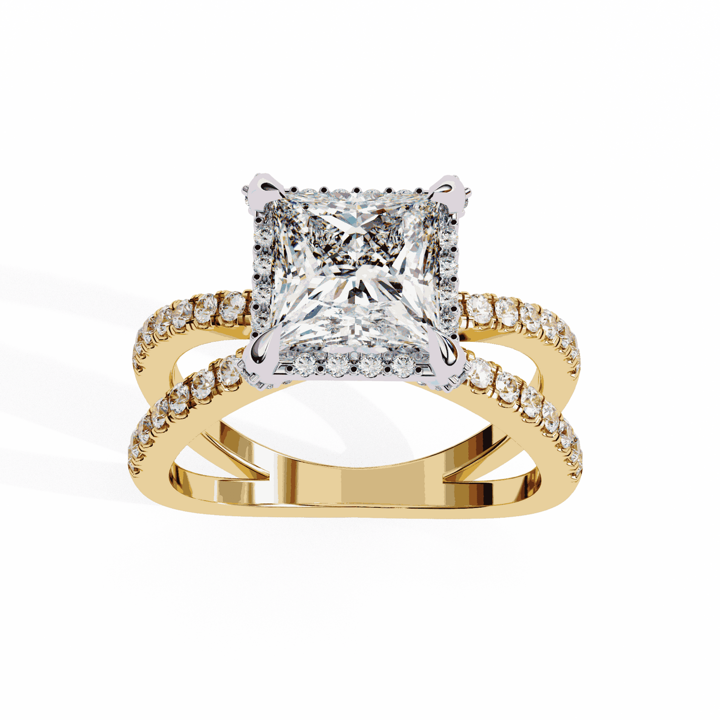 Princess Cut Lab Grown Diamond Hidden Halo Engagement Ring with Crossover Pavé Split Shank