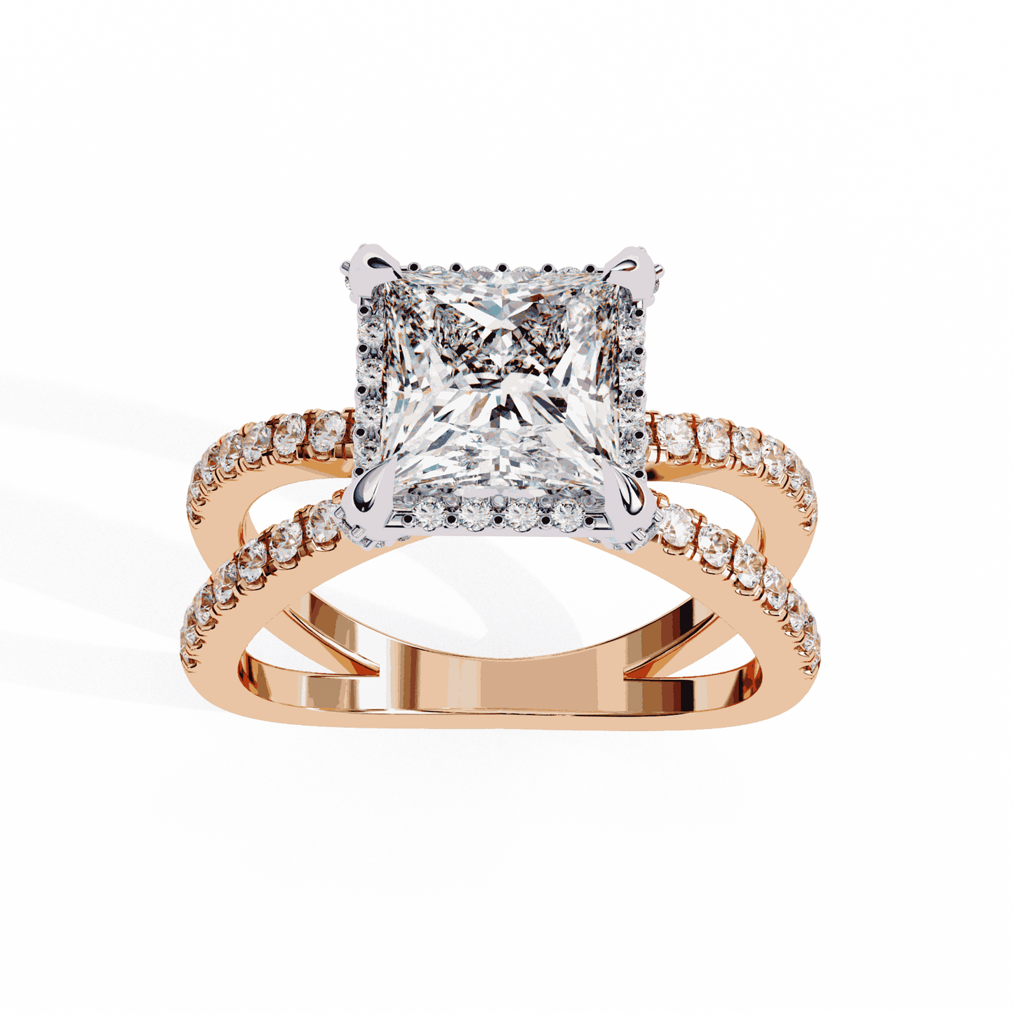 Princess Cut Lab Grown Diamond Hidden Halo Engagement Ring with Crossover Pavé Split Shank