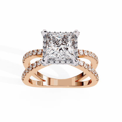 Princess Cut Lab Grown Diamond Hidden Halo Engagement Ring with Crossover Pavé Split Shank