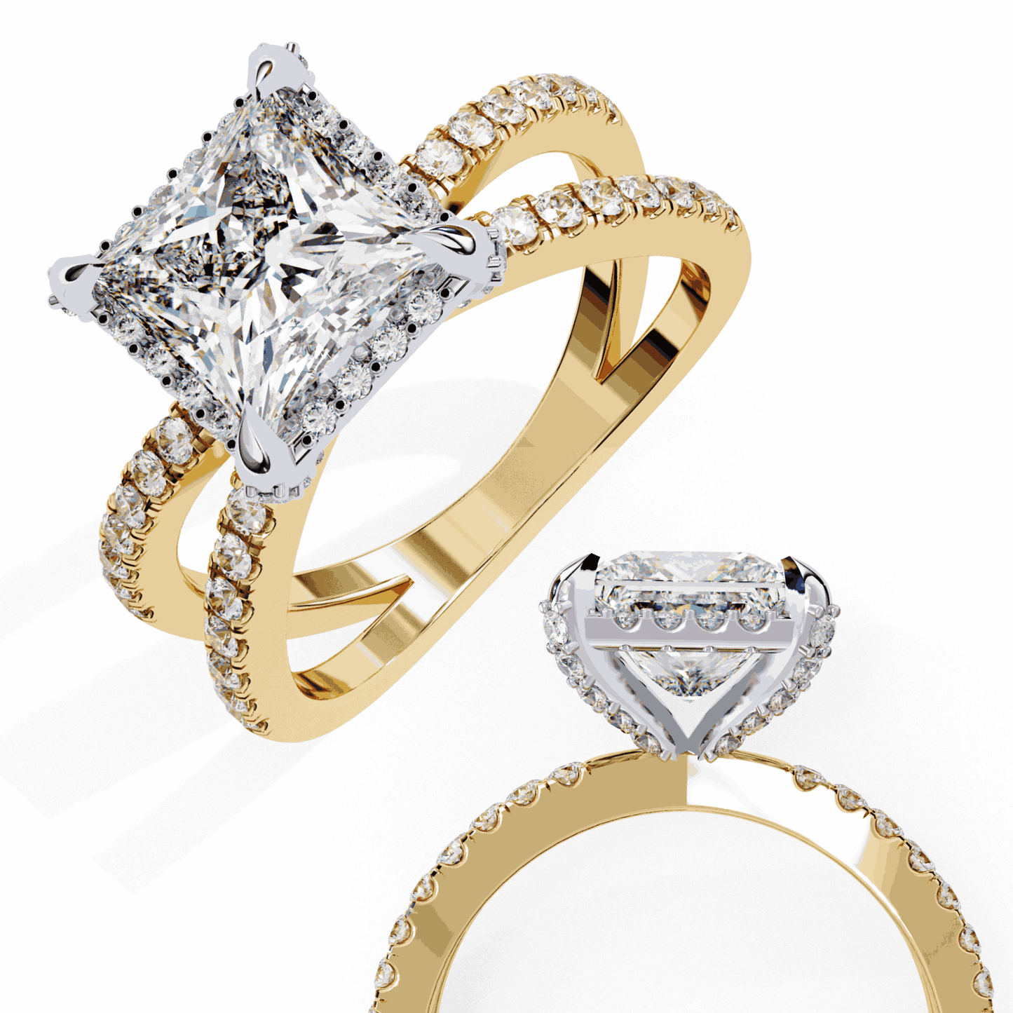 Princess Cut Lab Grown Diamond Hidden Halo Engagement Ring with Crossover Pavé Split Shank