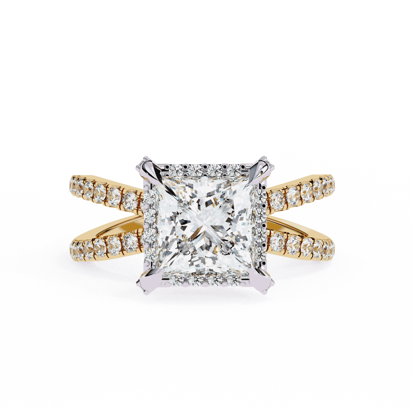 Princess Cut Lab Grown Diamond Hidden Halo Engagement Ring with Crossover Pavé Split Shank