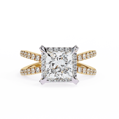 Princess Cut Lab Grown Diamond Hidden Halo Engagement Ring with Crossover Pavé Split Shank