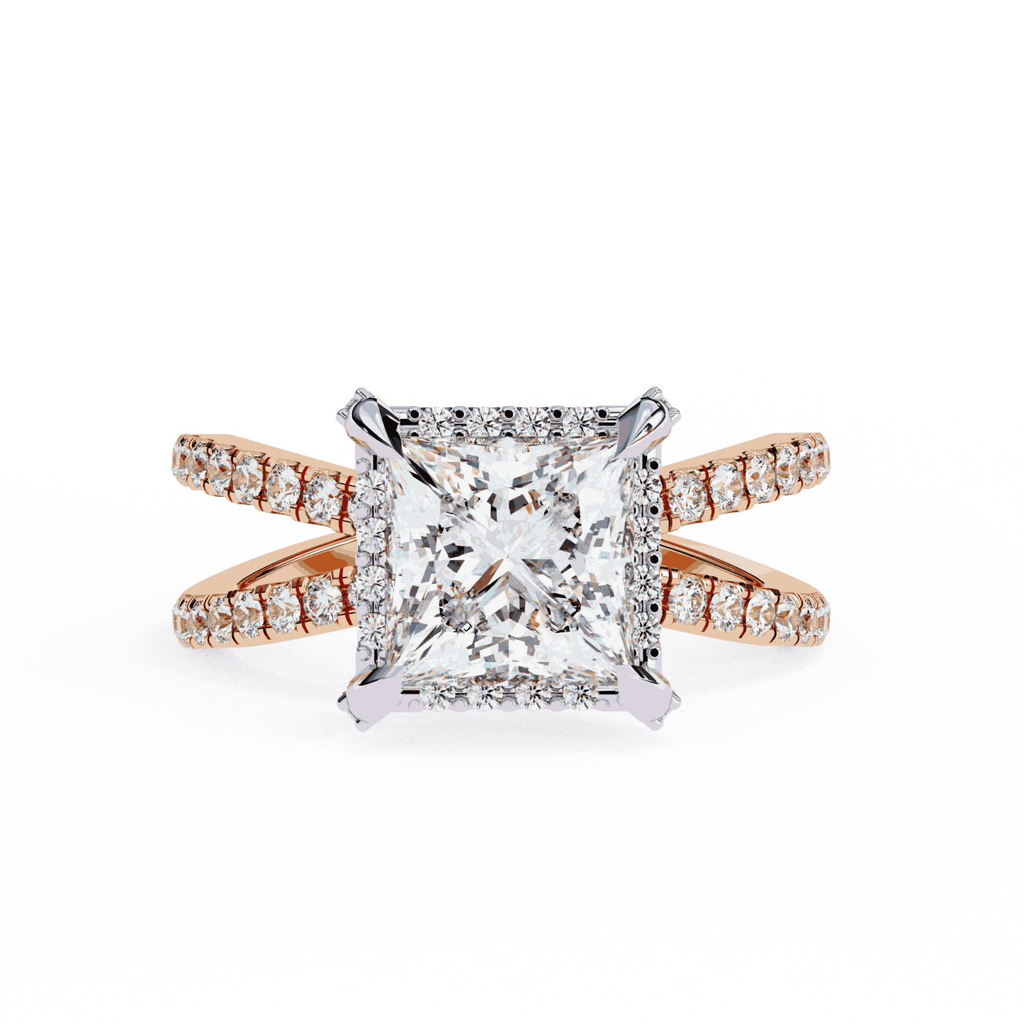 Princess Cut Lab Grown Diamond Hidden Halo Engagement Ring with Crossover Pavé Split Shank