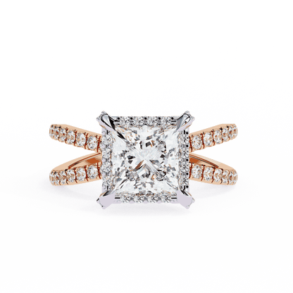 Princess Cut Lab Grown Diamond Hidden Halo Engagement Ring with Crossover Pavé Split Shank