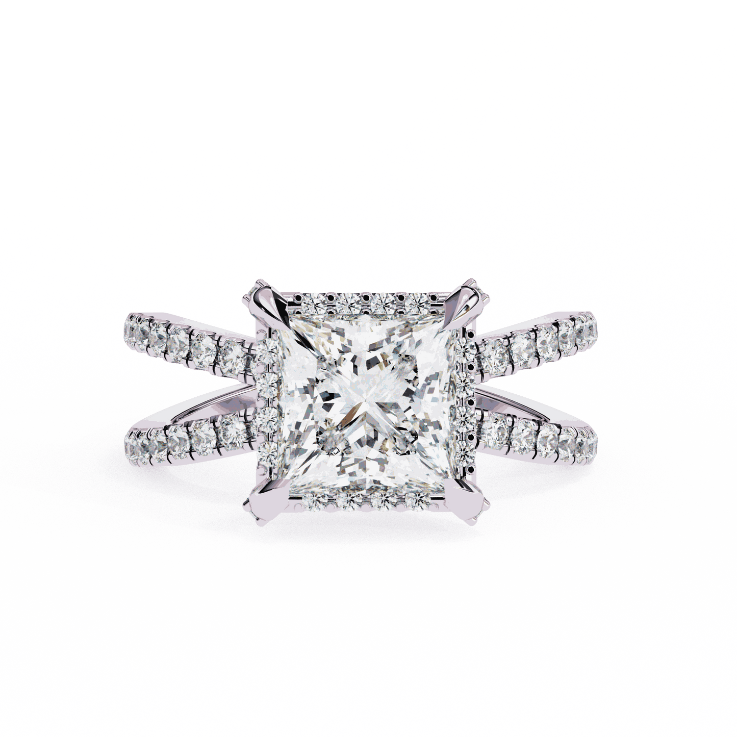 Princess Cut Lab Grown Diamond Hidden Halo Engagement Ring with Crossover Pavé Split Shank