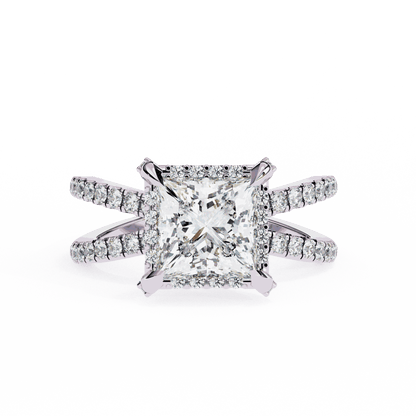 Princess Cut Lab Grown Diamond Hidden Halo Engagement Ring with Crossover Pavé Split Shank