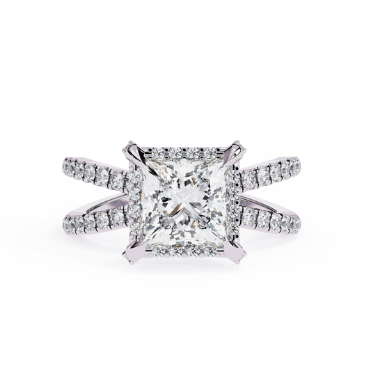 Princess Cut Lab Grown Diamond Hidden Halo Engagement Ring with Crossover Pavé Split Shank